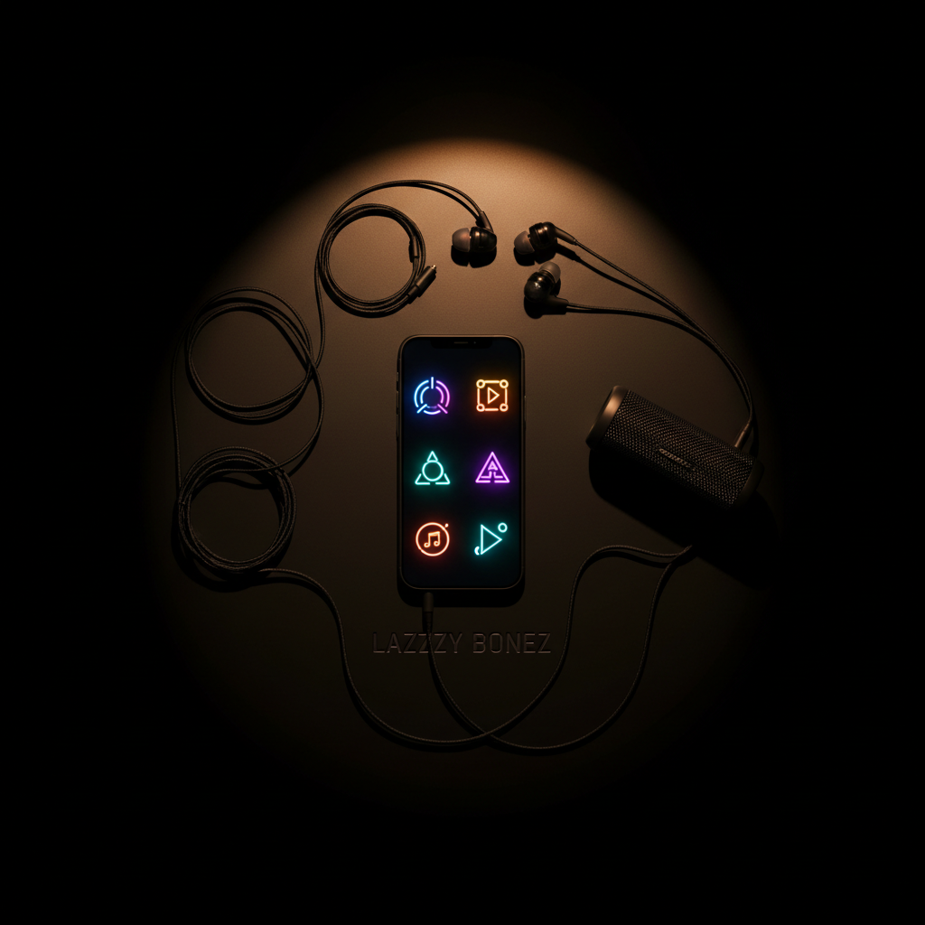 A powerful photographic image of a smartphone lying on a matte black table, screen facing up and glowing with abstract icons for music platforms and social hubs, rendered as colorful geometric symbols rather than logos or text. Around the phone, braided audio cables, a small portable speaker, and a pair of in-ear monitors hint at on-the-go listening to Lazzzy Bonez. A single warm spotlight from above creates a bright circular pool of light around the device, fading into deep vignetted shadows at the edges. Captured from a top-down perspective, the composition is clean and bold, emphasizing connectivity, fan engagement, and instant access to music.