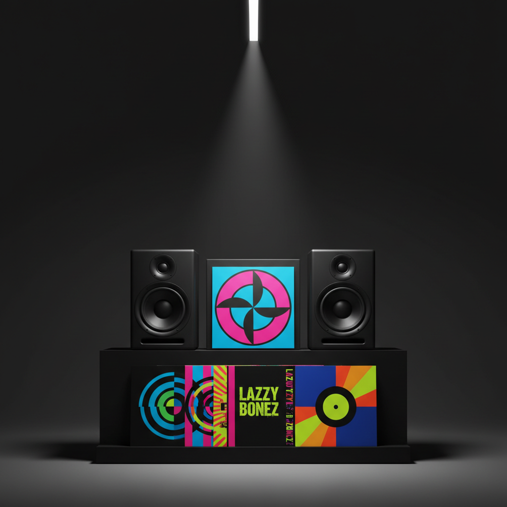A striking photographic image of a black matte studio subwoofer and monitor pair on either side of a low pedestal displaying a stack of vinyl records, each with bold, abstract cover art in high-contrast neon colors symbolizing different Lazzzy Bonez releases. The scene is set against a deep charcoal backdrop, with a narrow beam of white light from above creating sharp highlights on the speaker edges and subtle reflections on glossy record sleeves. Shot at eye level with a centered, symmetrical composition, the mood is confident and unapologetically bold, emphasizing the physical presence and power of the artist’s sound.