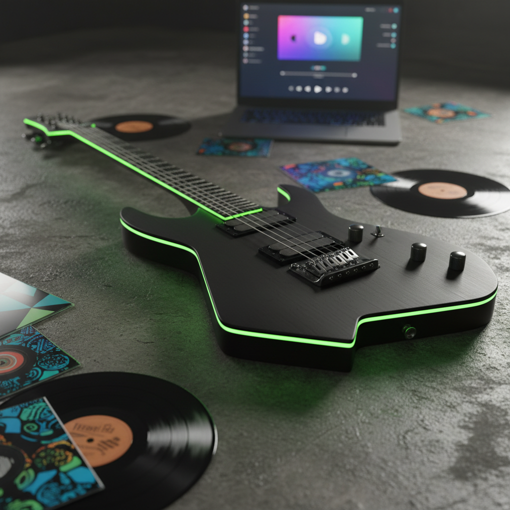 A dramatic close-up, photographic shot of a custom black electric guitar resting on a weathered concrete floor, its body accented with neon-green edge lighting and metallic hardware. Around it, scattered vinyl records and jewel-case CDs with abstract, text-free cover art subtly reference Lazzzy Bonez’s discography. A laptop screen in the background glows with colorful interface elements of a music streaming platform, softly out of focus. Stark, directional side lighting carves deep shadows and bright highlights, giving the scene a bold, urban energy. Captured from a low angle, the guitar stretches diagonally across the frame, emphasizing movement and gritty, modern artistry.