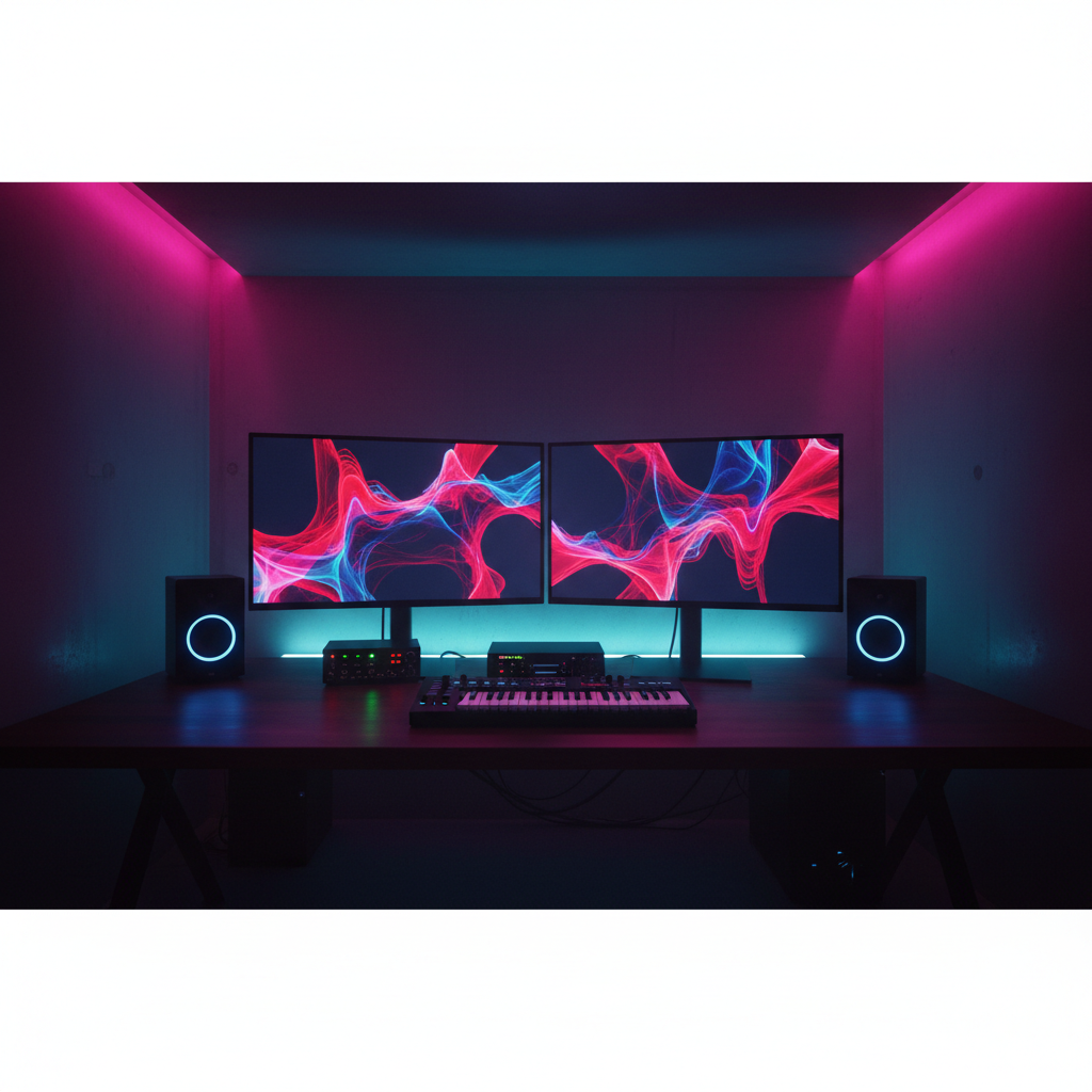 A wide, cinematic photographic view of a minimalist home studio desk with dual monitors displaying abstract, sound-reactive visualizations in vivid reds and electric blues, evoking Lazzzy Bonez’s bold style. A compact MIDI controller, audio interface, and studio monitors sit neatly on a dark wood surface, with glowing status lights suggesting active track playback. The room is lit by moody, colored LED strip lighting in magenta and cyan, creating reflections on smooth surfaces and a subtle glow on the walls. Shot from a slightly elevated angle with balanced composition, the scene feels immersive and high-tech, ideal for showcasing featured tracks and playlists.