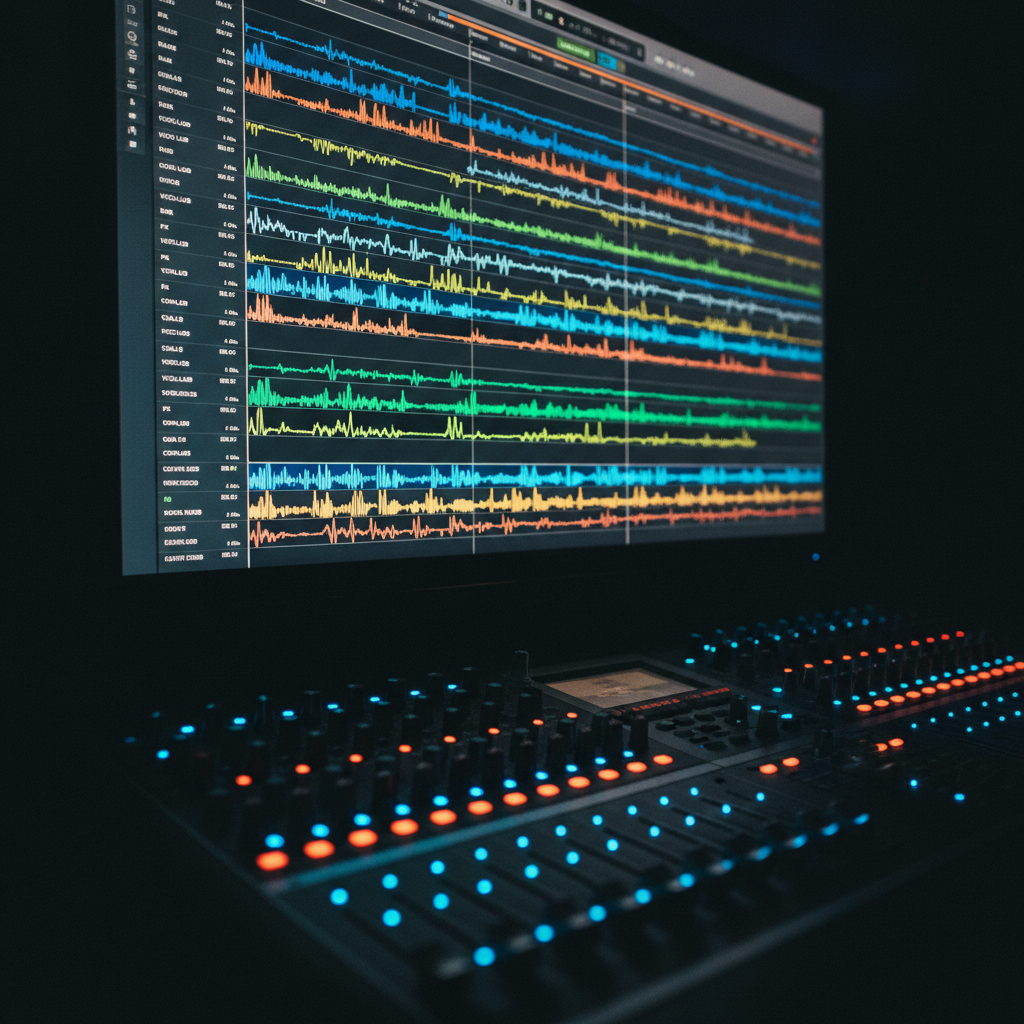 An intense, photographic close-up of a digital audio workstation timeline on a large monitor, filled with stacked, colorful track lanes and jagged waveforms representing a complex Lazzzy Bonez mix. The foreground shows a sleek mixing console with illuminated faders and knobs, their tiny LEDs glowing in saturated blues and reds. Low ambient light in the studio leaves most of the room in shadow, while the screen casts a cool, focused glow over nearby surfaces. Shot from a shallow side angle, lines of the faders lead the eye toward the screen, creating a dynamic, high-energy composition that communicates meticulous production and a deep catalog of tracks.
